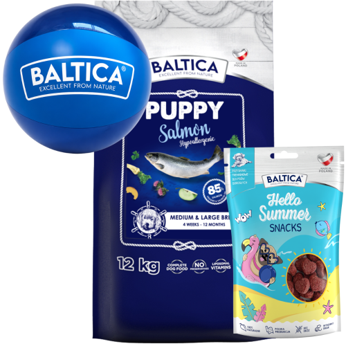 Baltica PUPPY Salmon Hypoallergenic M/L 12kg + piłka + przysmak 100g
