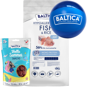 Baltica Monoprotein Adult Light Fish Rice M 12kg + piłka + przysmak