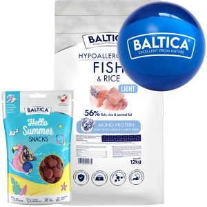 Baltica Monoprotein Adult Light Fish Rice L/XL 12kg + piłka + przysmak
