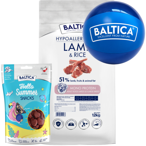 Baltica Monoprotein Adult Lamb Rice L/XL 12kg + piłka + przysmak 100g