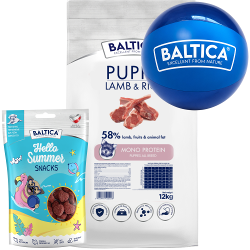 Baltica Monoprotein Puppy Lamb Rice XS/L 12kg + piłka + przysmak 100g