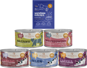 Perro Kot Mokra Mix Jeleń Bażant Kaczka Pstrąg Wieprzowina 5x185g + Toppers